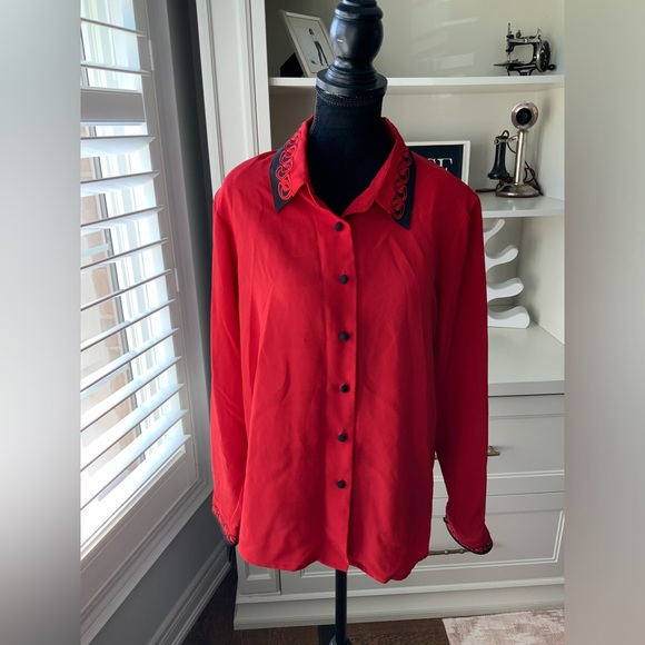 Vintage 80’S YVES ST. CLAIR Red & Black Long Sleeve Blouse Women’s Size Large - Picture 8 of 14